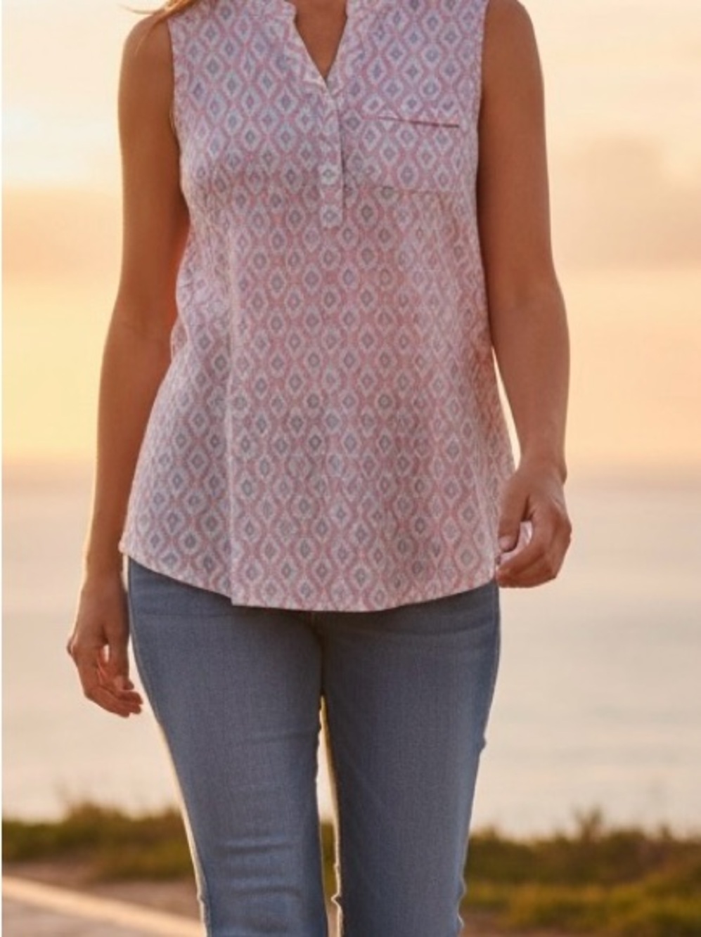 XS Pink White Blue Boho Coastal Sleeveless Top Charlie B Gauze Lightweight